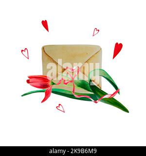 Ein Umschlag mit einem Valentinstag. Eine Liebesbotschaft. valentinstag. Aquarelldarstellung Stockfoto