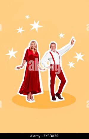 Vertikale Collage Bild von zwei eleganten gealterten Menschen tanzen Clubbing Zeichnung Sterne isoliert auf gemaltem Hintergrund Stockfoto