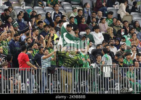 Perth Stadium, Perth, Australien. 27. Oktober 2022. T20 internationales Cricket Pakistan gegen Simbabwe; pakistanische Fans jubeln für ihr Team Credit: Action Plus Sports/Alamy Live News Stockfoto