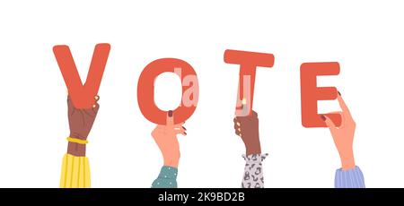 Gruppe von verschiedenen weiblichen Händen mit rotem Wort abstimmen. Verschiedene multiethnische Menschen sind zusammen. Vektor handgezeichnete Illustration im Cartoon-Stil Stock Vektor