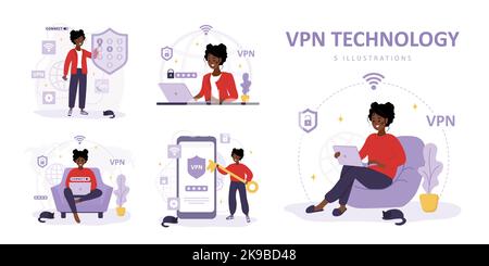 Sammlung von VPN-Technologien. Afrikanische Frauen nutzen virtuelles privates Netzwerk. Kennwortsicherheit. Datenschutz. Moderne Software für Remote-Server Stock Vektor