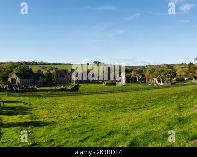 Blick auf die Ruinen der Easby Abbey Richmond North Yorkshire England GB eine prämonstratenserische Abtei am östlichen Ufer des Flusses Swale Stockfoto