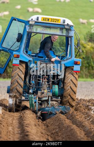 Eine Furche pflügen. Blauer Traktor bei einem Pflügespiel, Medstead, Hampshire, Großbritannien Stockfoto