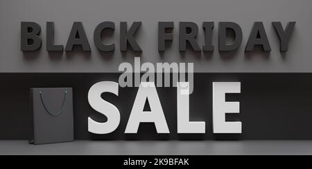 Black Friday Sale Banner. Einkaufstasche und Text. Saisonangebot, Sonderangebot. Winterurlaub Sonderangebote und Rabatt. 3D Rendern Stockfoto