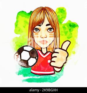 Mädchen mit Fußball. Sie trägt ein rotes Trikot und hat Streifen im Gesicht. Sie zeigt Daumen nach oben. Vektor im Low Poly Stil. Stock Vektor