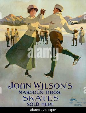 John Wilsons und die Marsden Brothers Skates verkauft hier. Plakat von ca. 1920. Dieses Litho-Poster zeigt die britischen Eiskunstläufer Phyllis Johnson und James H. Johnson gewannen die Silbermedaille im Paarevent bei den Olympischen Sommerspielen 1908 in London, das erste Mal, dass die Veranstaltung zugelassen wurde. Die Johnsons erlaubten den Sheffield Skateherstellern John Wilson's, ihnen ein Modell von Schlittschuhen zu nennen. Wilsons Werkzeugbau wurde 1600s in Sheffield begonnen und 1696 lieferten sie erstmals Schlittschuhe an Royalty. Wilson's produziert in der Stadt immer noch Schlittschuhe, wenn auch unter amerikanischem Besitz. Stockfoto