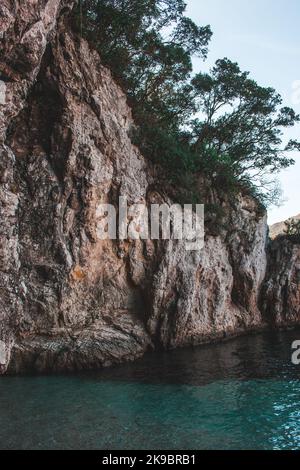 Korfu, Griechenland. Ein riesiger Felsen am Strand mit blauem Wasser, auf dem grüne Pflanzen und Bäume wachsen. Stockfoto