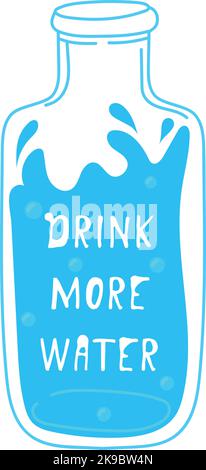 Trinken Sie mehr Wasser Poster mit Glas blaue Flasche isoliert auf weißem Hintergrund Stock Vektor