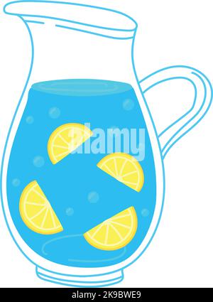 Glaskrug mit klarem Wasser und Zitronenscheiben. Erfrischungssymbol auf weißem Hintergrund isoliert Stock Vektor