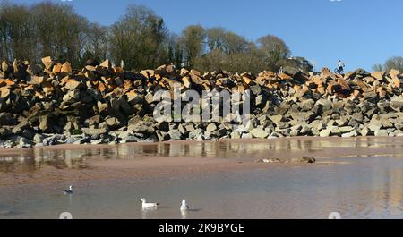 Felsrüstung entlang der Ufermauer bei Dawlish Warren. Stockfoto