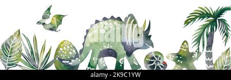 Vorlage für Aquarell-Dinosaurier. Horizontales Banner mit Dinosauriern und tropischen Blättern. Handertränktes Kinderdesign Stockfoto