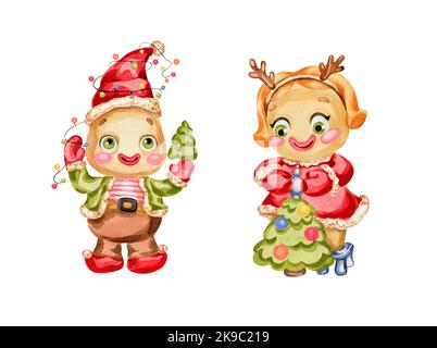 Ginger Man. Aquarelldarstellung. Lebkuchenmann Winter Charakter mit einem Weihnachtsbaum und Girlande. Neujahr und Weihnachten. Hell und lustig chil Stockfoto