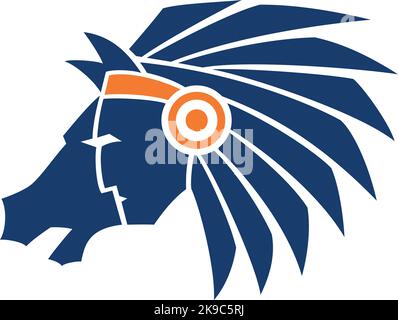 Symbol kombiniert einen amerikanischen Indianerhäuptling mit einem Mustang Horse Stock Vektor