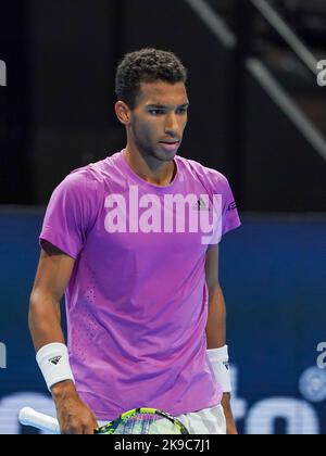 Basel, Schweiz. 27. Oktober 2022. Basel, Schweiz, Oktober 27. 2022: Portrait (Headshot/close up) von Felix Auger-Aliassime (CAN) während des ATP-Tennisturniers Swiss Indoors 500 zwischen Felix Auger-Aliassime (CAN) und Miomir Kecmanovic (SRB) im St. Jakobs-Park in Basel, Schweiz. (Daniela Porcelli /SPP) Quelle: SPP Sport Press Foto. /Alamy Live News Stockfoto