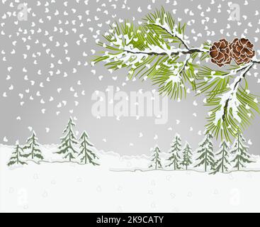 Winter Landschaft Nadelbaum Zweig Kiefer mit Kiefernzapfen mit Schnee weihnachten Thema natürlichen Hintergrund vintage Vektor Illustration editierbar Hand zeichnen Stock Vektor