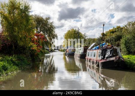 Eine Reihe traditioneller Schmalboote entlang des Kennet und des Avon-Kanals in der Nähe von Seend, England. Stockfoto