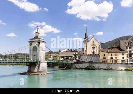 Die Rhone bei Seyssel, Haute-Savoie, Auvergne-Rhône-Alpes, Frankreich Stockfoto