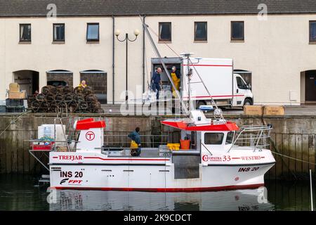 Lossiemouth, Moray, Großbritannien. 27. Oktober 2022. Dies ist der Shellfish, der vom Fishing Boat Westro INS20 am Pier in Lossiemouth Harbour ausgeladen wird. Alle Fänge stammten von Kreelen in der Umgebung von Lossiemouth im Moray Firth. Quelle: JASPERIMAGE/Alamy Live News Stockfoto