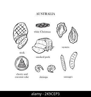 Vektor-Set mit Illustrationen der australischen Weihnachtsgerichte. Handgezeichnete Illustration. Stock Vektor