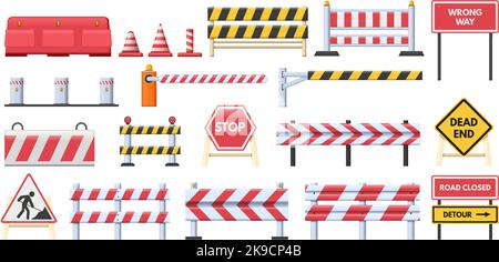 Geschlossene Straßensperren. Gestreifte rote Hindernisse, Falscher Stopp und Sackgasse-Schilder. Straßenbaubarrieren und Schutzzaun Vektor gesetzt Stock Vektor