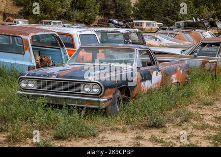 Alte rostige Oldtimer der Jahre 1940s bis 1970s, die auf einem Schrottplatz im Bundesstaat Arizona, USA, geparkt wurden Stockfoto