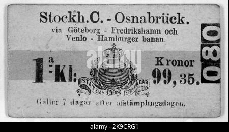 Ausländische Fahrkarten, älterer Typ. Stockholm C - Osnabrück via Göteborg - Fredrikshamn und Venlo - Hamburger course.1a bei 99,35 Kronorgälls 7 Tage nach dem Tag des Stempelns. Stockfoto