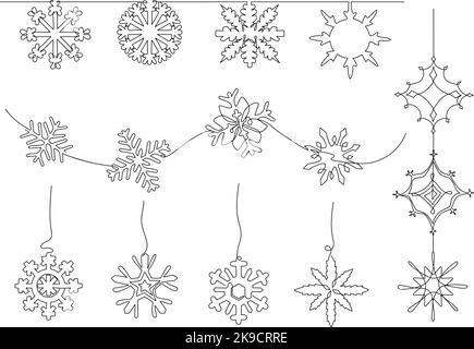 Eine Linie Schneeflocken Dekoration. Schneetrenner, hängende Flocken Dekorationen und Schneeflocken auf Welle kontinuierliche Linie Kunst Vektor-Set Stock Vektor