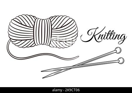 Skein Wollgarn, Kugelgarn mit Stricknadeln Werkzeug, handgemachte Stricklinie Symbol. Clew Filamentrolle für Häkelarbeiten. Handarbeiten Hobby Vektor Stock Vektor