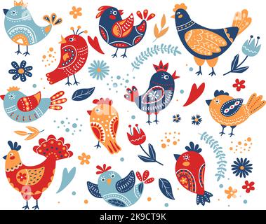Niedliche Vögel mit Volks-Ornamenten. Ethnische Tiere mit ornamentalen Mustern und Blumen, farbenfrohen abstrakten Vogel- und Hühnervektoren Illustration Set Stock Vektor