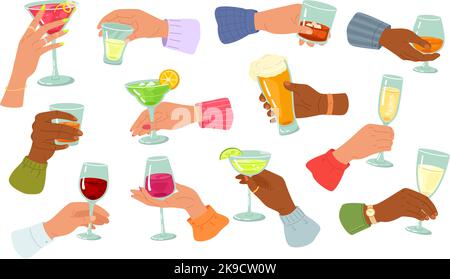 Alkoholgetränke in den Händen. Personen, die ein Glas Wein oder Sekt, ein Pint Bier und einen Barcocktail oder einen starken Alkoholvektor in der Hand halten, Illustration Set Stock Vektor