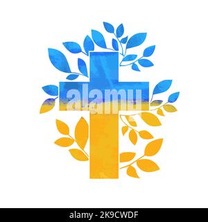 Blaues und gelbes religiöses Kreuz mit Ästen. Beendet den Krieg in der Ukraine. Vektorgrafik Stock Vektor