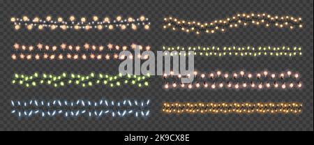 Gelbe Girlanden. Weihnachtslampen, Drahtschnur-Leuchten und LED-Girlande mit warmem goldenem Glanz. Dekorative Beleuchtung Vektor Illustration Set Stock Vektor