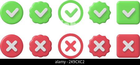 3D Symbole mit einem entsprechenden Zeichen versehen. Checkliste grünes Häkchen und rotes Kreuz. Akzeptiert und abgelehnt, wahr oder falsch und verifizierter Zeichenvektor gesetzt Stock Vektor