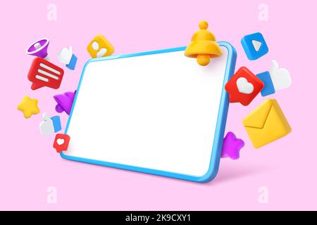 Social Media Tablet-Bildschirm-Mockup. 3D Internet-Kommunikation Symbole, seo und Social Network Promotion Vektor Illustration Vorlage Stock Vektor