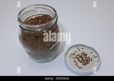 Kümmel, auch bekannt als Meridianfenchel und Perserkümmel (Carum carvi) in einem Glasgefäß. Stockfoto