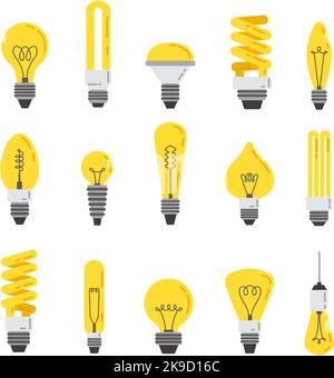 Flache Glühlampe. Glühlampe, energieeffiziente LED-Leuchten und helle Idee Symbol Cartoon Vektor-Set Stock Vektor