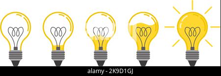 Animation der Glühbirne. Flüssiges Licht füllt Lampe, kreative Idee oder helle Lösung Konzept flache Vektor Illustration Set Stock Vektor