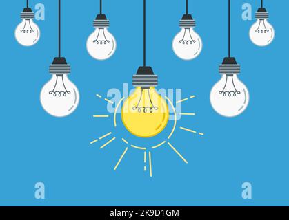 Einzigartige Idee. Hängende Glühbirnen mit einer leuchtenden und glänzenden. Flächenvektor für das Konzept der Arbeitslösung Abbildung Stock Vektor