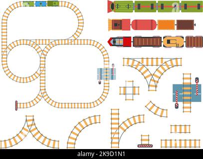 Draufsicht Eisenbahnen. Gleisbau mit Spielzeugeisenbahnen oben. Kreis- und Linienschienen mit Zügen oben, Eisenbahnbarriere Luftbildvektor gesetzt Stock Vektor