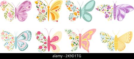 Schmetterlinge mit Blumenmuster. Sommer Schmetterling mit bunten Blumen in Flügelform, hübsche Insekten Vektor Illustration Set Stock Vektor