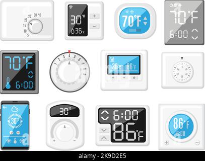 Karikatur-Thermostat. Intelligenter Heiz- und Kühlregler, Thermometer mit Drehknopf und Tasten. Vektorsatz für die Hausklimatisierung Stock Vektor