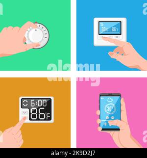 Temperaturstufe für die Hand der Person einstellen. Schaltthermostat, manuelle Einstellung der Klimaanlage und Vektorgrafik für die Bodenheizung Stock Vektor