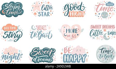 Schlafende Schriftzüge. Schlaf enger Mond, guter Nachtstern und süße Träume Wolke. Handgezeichnetes Kaligraphisches Typografie-Vektorset zur Schlafenszeit Stock Vektor
