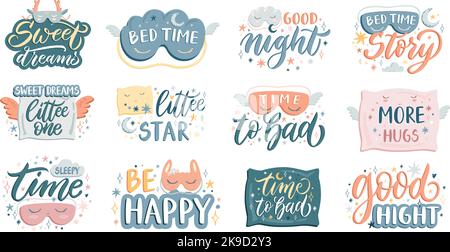 „Bedtime“-Schriftzug. Schlafmaske mit guter Nachtschrift, Schlafkissen und kalligraphischem Inschriftenvektor-Set von Zeit zu Bett Stock Vektor