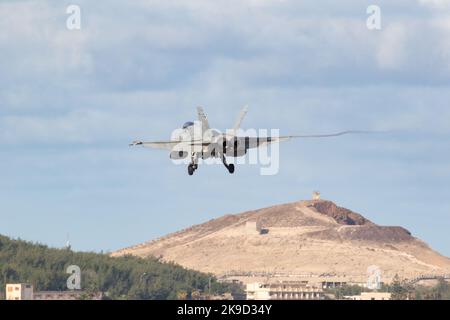 Eine spanische Luftwaffe Hornet, die während der SIRIO 22-Übung auf dem Luftwaffenstützpunkt Gando landet. Stockfoto