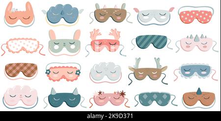 Niedliche Schlafmasken. Beauty Eye Cover Accessoires mit Tiergesichtern und stillenden geschlossenen Augen, Relax Maske und Augenbinden für schlafende Cartoon Vektor Set Stock Vektor