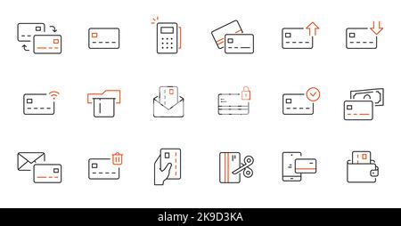 Symbol für Kreditkartennummer festgelegt. Kreditkartenzahlung, Geldtransfer, Geschäftspickogramm der mobilen Bank. Konturbearbeitbare Kontursymbole umreißen. Vektorgrafik. Stock Vektor