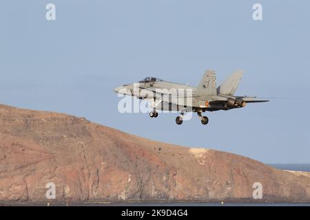 Die Hornets der spanischen Luftwaffe landen während der SIRIO 22-Übung auf dem Luftwaffenstützpunkt Gando. Stockfoto