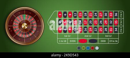 Roulette Rad Spiel. Casino Roulette grüner Tisch mit Wetten Layout, Casino-Chips und Draufsicht Spin Rad Glücksspiel Ausrüstung Vektor Illustration Stock Vektor