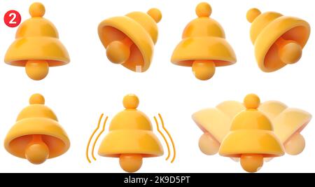Benachrichtigungsglocken 3D Symbole. Gelbe Glocke mit Benachrichtigungszähler, Klingelton und verschiedenen Winkeln Vektor-Set Stock Vektor